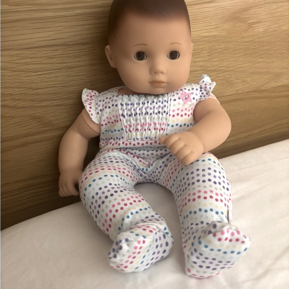 American Girl Bitty Baby Doll in Colorful Polka Dot Outfit Brown Hair Brown Eyes